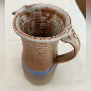 Handcrafted, fired 9.5” tall Ceramic Pitcher-Brown & Blue, holdsapprox 1.5 qts.